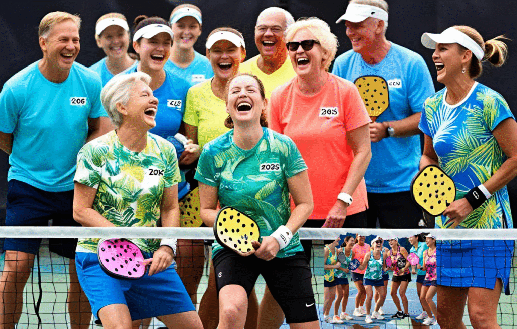 pickleball game, pickleball players, pickleball clubs, pickleball lessons, Seniors laugh and rally on a pickleball court, pickleball