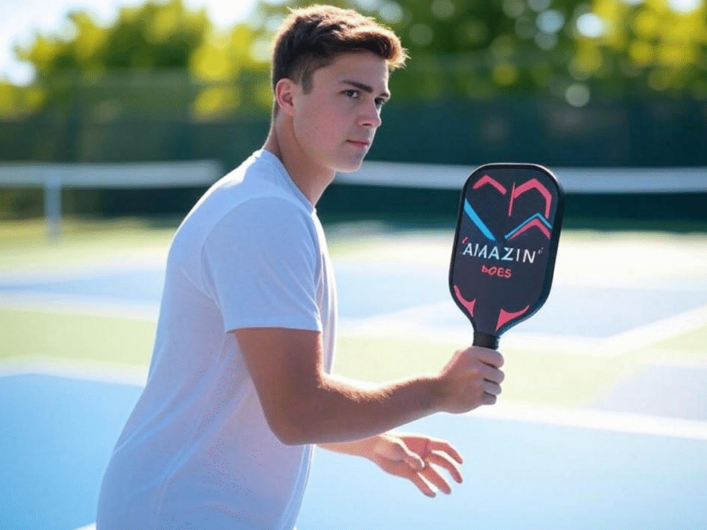 Beginner pickleball player with Amazin’ Aces Classic paddle on court, Pickleball Paddle, pickleball skills