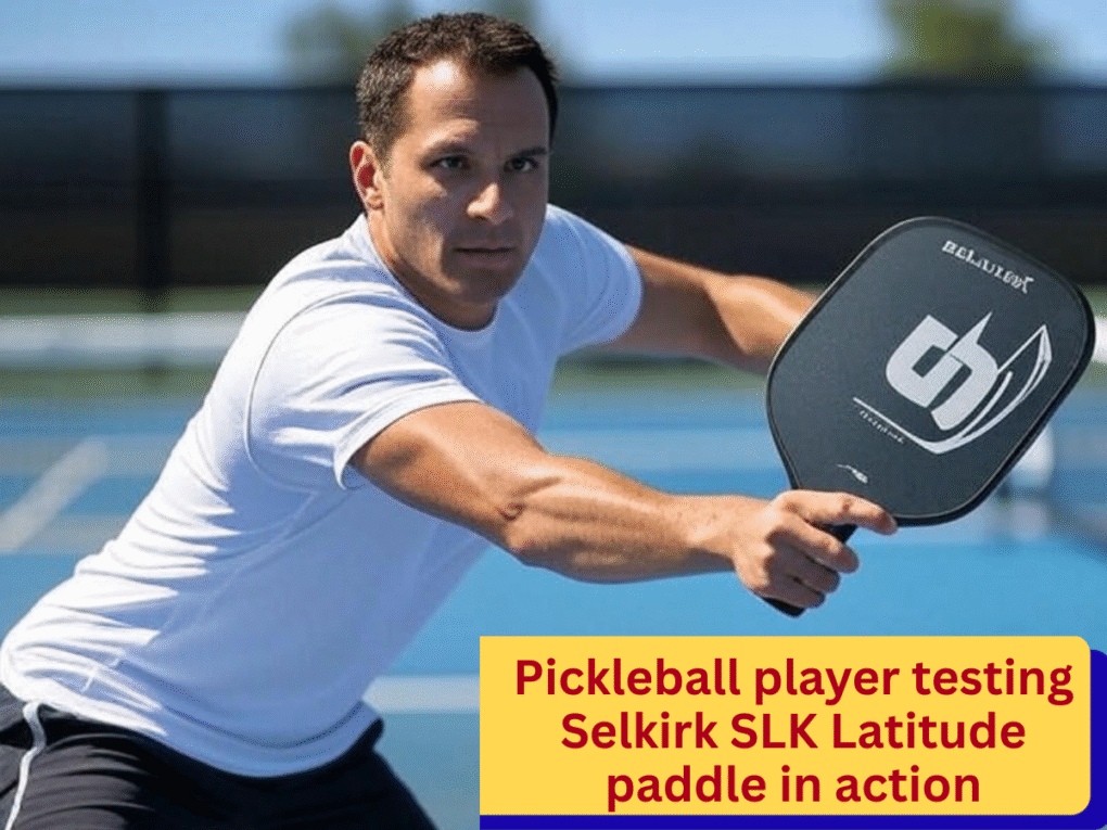Alt text: Pickleball player testing Selkirk SLK Latitude paddle in action, Pickleball Paddle, pickleball skills