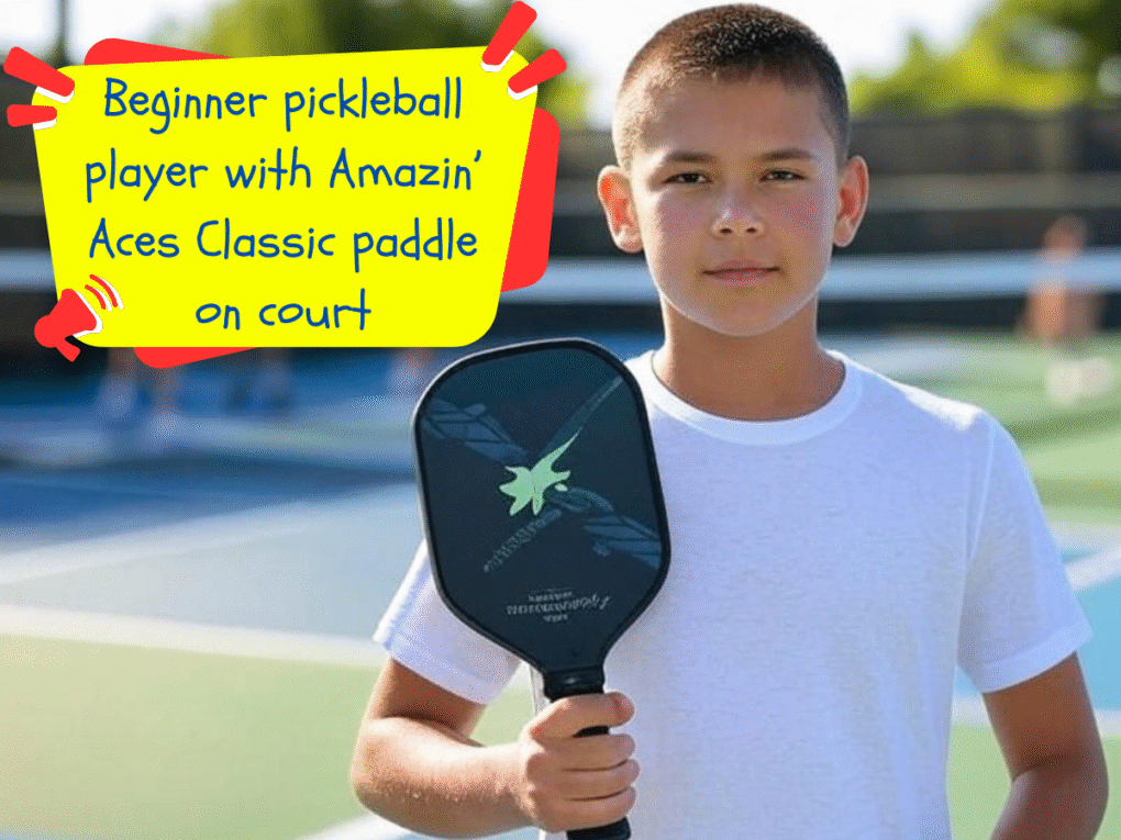 Pickleball Paddle, Right Pickleball PaddleBeginner pickleball player with Amazin’ Aces Classic paddle on court