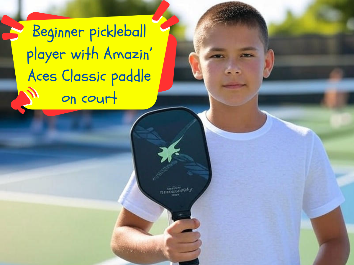 Pickleball Paddle, Right Pickleball PaddleBeginner pickleball player with Amazin’ Aces Classic paddle on court